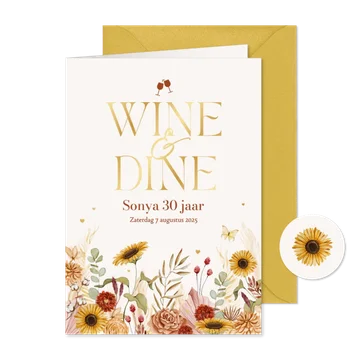 Uitnodigingskaarten wine & dine etentje borrel bloemen